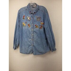 Bobbie Brooks Womens Top Blue Large Cotton Denim Fall Embroidered Long Sleeve
